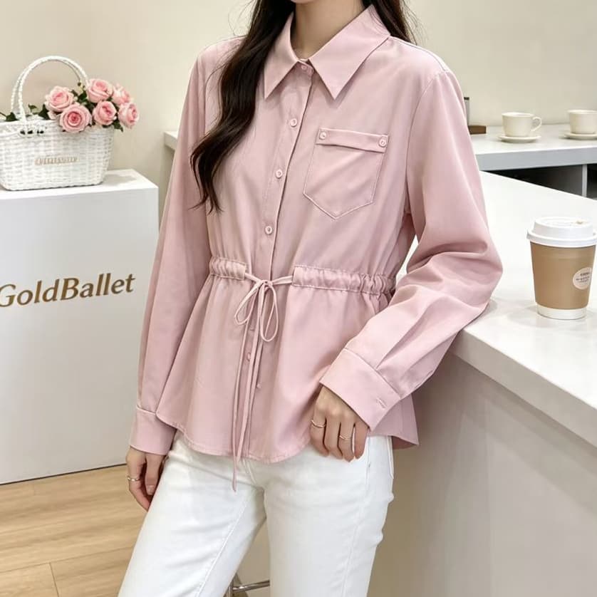 재고 있음 열세 개 새로운 긴팔 한 부서 캐주얼 폴로 칼라 여성 셔츠 봄 가을 스트랩 허리 수축 품격 슬림해 보이는 맨위 상세 이미지 5