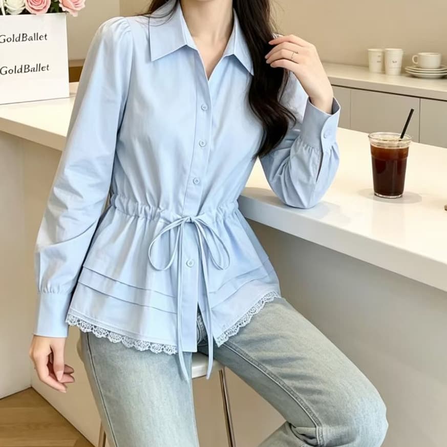 재고 있음 파란색 레이스 조각 긴팔 여성 셔츠 봄 가을 새로운 코드 슬림해 보이는 레이스업 허리 수축 표지 배 맨위 상세 이미지 4