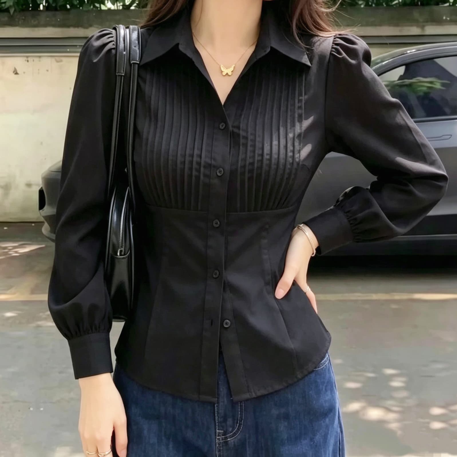 재고 있음 고급 센스 V넥 긍정적 인 어깨 화이트 긴팔 여성 셔츠 봄 가을 새로운 작은 셔츠 빅 사이즈 지방 mm 허리 수축 맨위 이미지 4