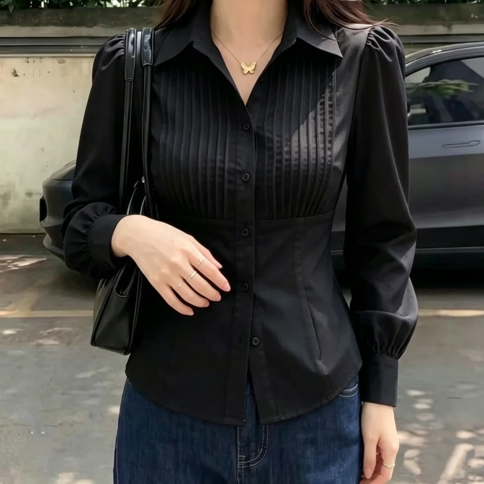 재고 있음 고급 센스 V넥 긍정적 인 어깨 화이트 긴팔 여성 셔츠 봄 가을 새로운 작은 셔츠 빅 사이즈 지방 mm 허리 수축 맨위 이미지 5