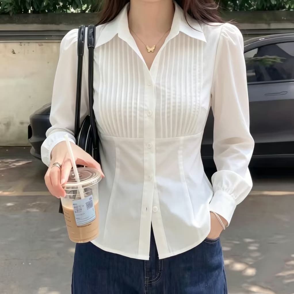 재고 있음 고급 센스 V넥 긍정적 인 어깨 화이트 긴팔 여성 셔츠 봄 가을 새로운 작은 셔츠 빅 사이즈 지방 mm 허리 수축 맨위