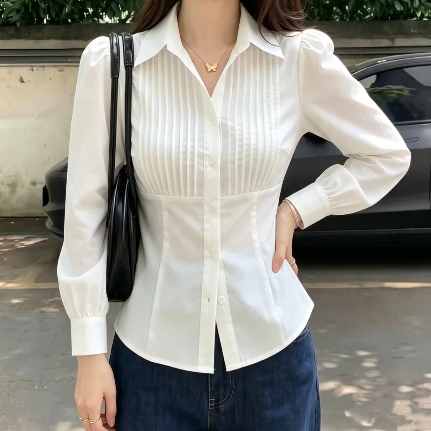 재고 있음 고급 센스 V넥 긍정적 인 어깨 화이트 긴팔 여성 셔츠 봄 가을 새로운 작은 셔츠 빅 사이즈 지방 mm 허리 수축 맨위 상세 이미지 2