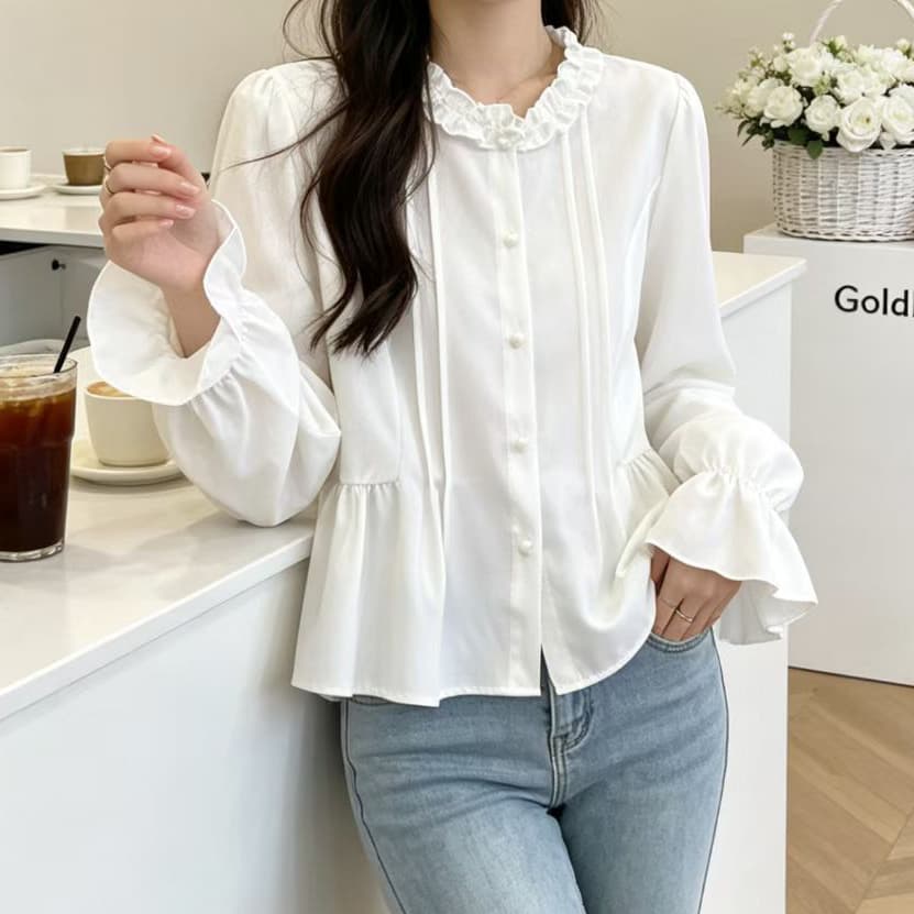 재고 있음 긴팔 여성 셔츠 봄 가을 새로운 나팔 소매 주름 네클라인 외국 가스 작은 셔츠 연령 감소 루즈핏 다용도 맨위
