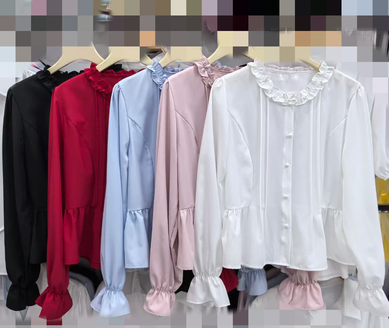 재고 있음 긴팔 여성 셔츠 봄 가을 새로운 나팔 소매 주름 네클라인 외국 가스 작은 셔츠 연령 감소 루즈핏 다용도 맨위 상세 이미지 1
