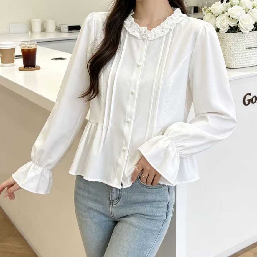 재고 있음 긴팔 여성 셔츠 봄 가을 새로운 나팔 소매 주름 네클라인 외국 가스 작은 셔츠 연령 감소 루즈핏 다용도 맨위 상세 이미지 8