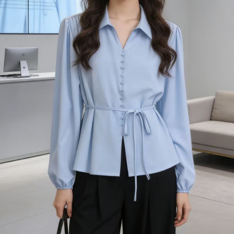 재고 있음 핑크색 polo 긴팔 만나는 여성 셔츠 봄 가을 지방 mm 슬림해 보이는 고급 센스 레이스업 허리 수축 표지 배 맨위 이미지 5