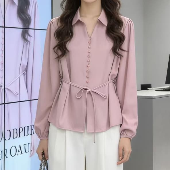 재고 있음 핑크색 polo 긴팔 만나는 여성 셔츠 봄 가을 지방 mm 슬림해 보이는 고급 센스 레이스업 허리 수축 표지 배 맨위 이미지 4