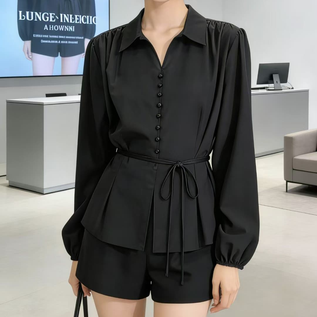 재고 있음 핑크색 polo 긴팔 만나는 여성 셔츠 봄 가을 지방 mm 슬림해 보이는 고급 센스 레이스업 허리 수축 표지 배 맨위 상세 이미지 6