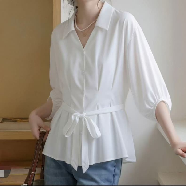 재고 있음 프랑스식 고급 센스 5 점 소매 여성 셔츠 가을 새로운 디자인 센스 작은 대중 스트랩 허리 수축 맨위 상세 이미지 2