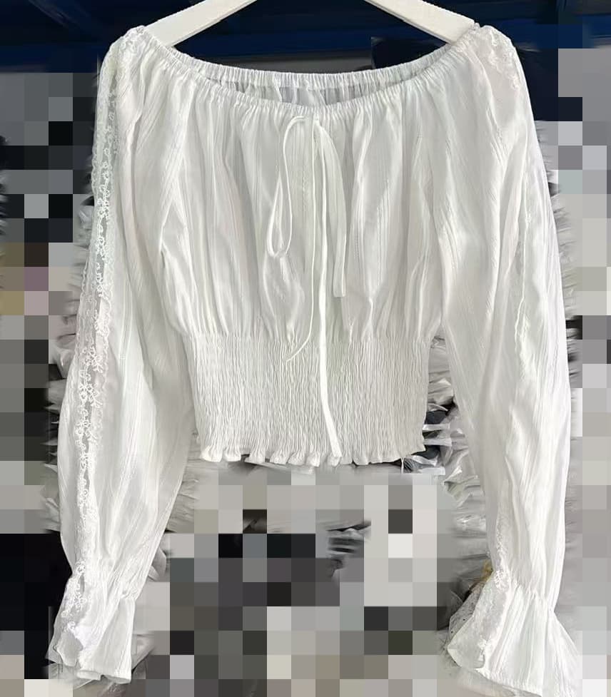 재고 있음 봄 가을 새로운 긴팔 쉬폰 블라우스 프랑스식 낭만주의 오프숄더 레이스 조각 허리 수축 슬림해 보이는 흰 셔츠 상세 이미지 1