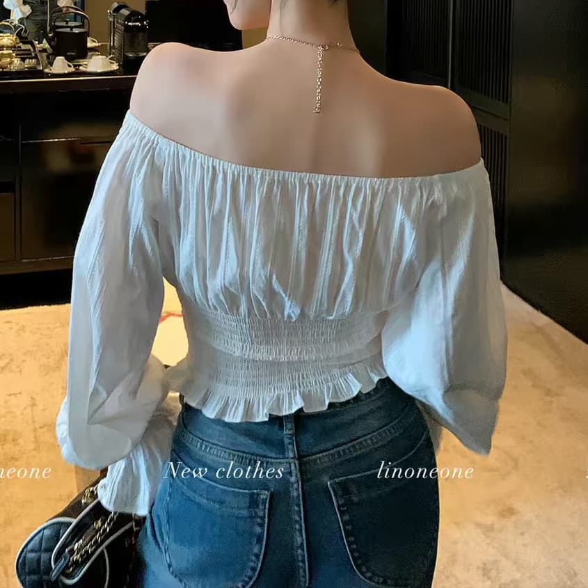재고 있음 봄 가을 새로운 긴팔 쉬폰 블라우스 프랑스식 낭만주의 오프숄더 레이스 조각 허리 수축 슬림해 보이는 흰 셔츠 상세 이미지 6