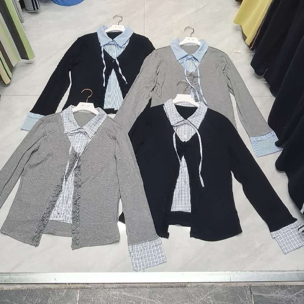 재고 있음 봄 가을 새로운 학원 스타일 블루 스트라이프 격자 무늬 셔츠 싸움 프릴 니트 스웨터 페이크 레이어드 맨위 긴팔 이미지 5