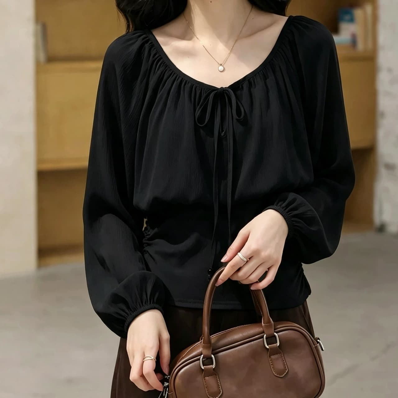 재고 있음 부드러운 바람 페이크 레이어드 쉬폰 긴팔 여성 셔츠 가을 새로운 디자인 센스 작은 대중 레이스업 허리 수축 맨위 이미지 4