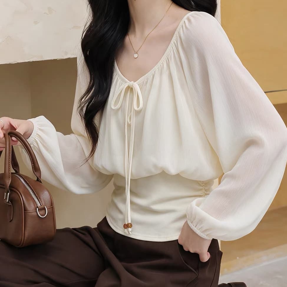재고 있음 부드러운 바람 페이크 레이어드 쉬폰 긴팔 여성 셔츠 가을 새로운 디자인 센스 작은 대중 레이스업 허리 수축 맨위 상세 이미지 5