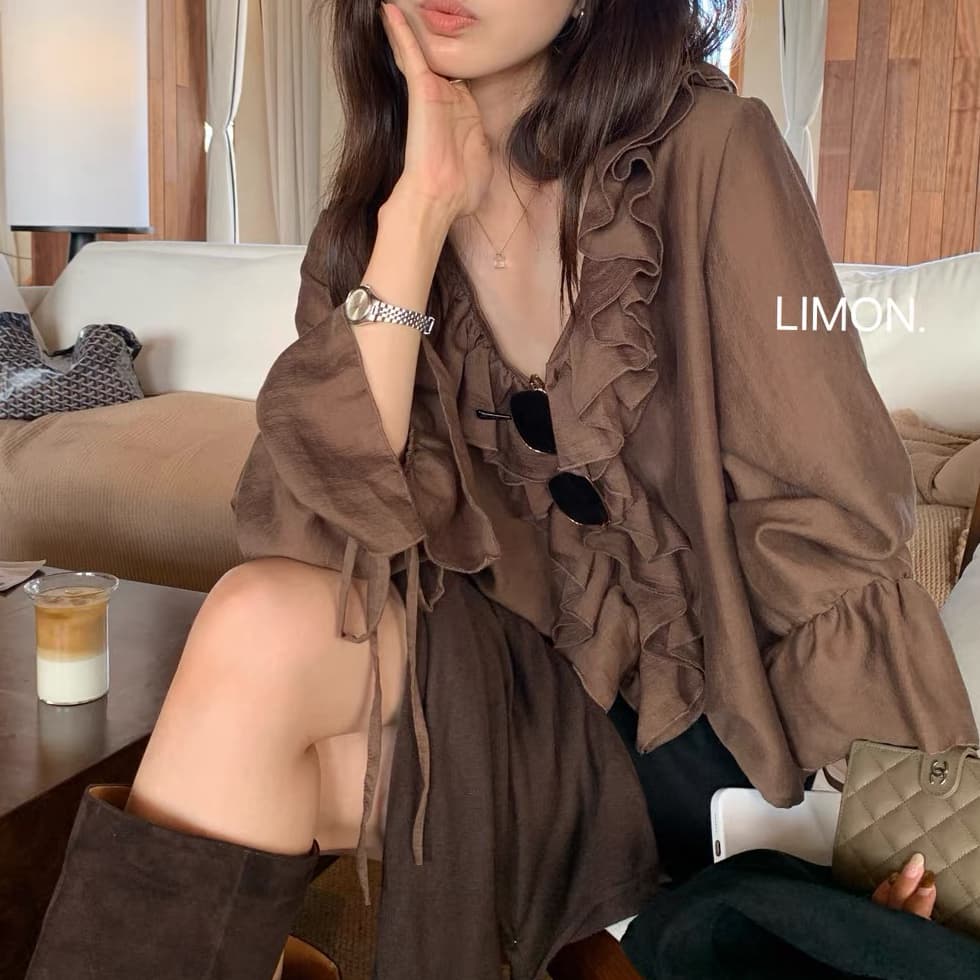 재고 있음 프랑스식 품격 자외선 차단 여성 셔츠 가을 새로운 디자인 센스 작은 대중 프릴 나팔 소매 맨위 쉬폰 블라우스