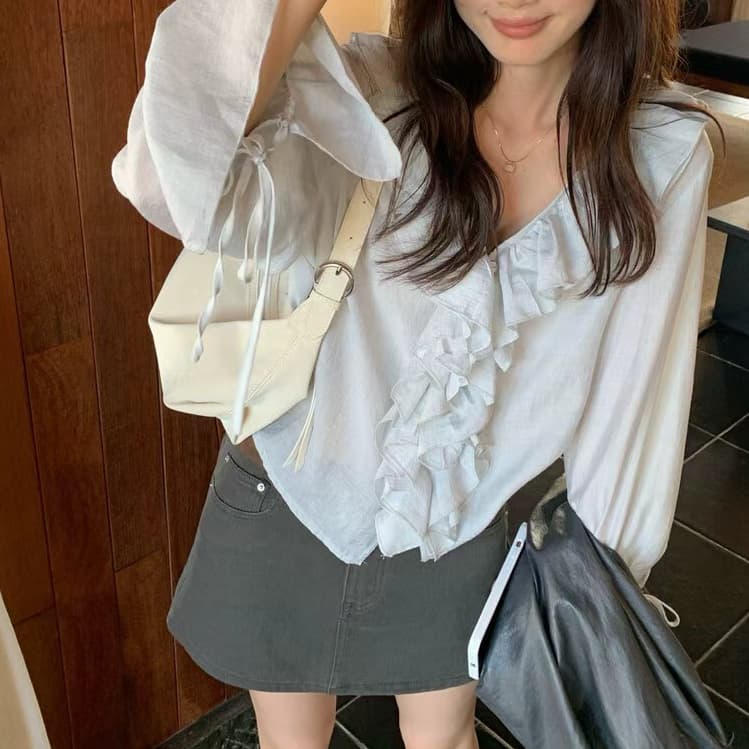 재고 있음 프랑스식 품격 자외선 차단 여성 셔츠 가을 새로운 디자인 센스 작은 대중 프릴 나팔 소매 맨위 쉬폰 블라우스 상세 이미지 9