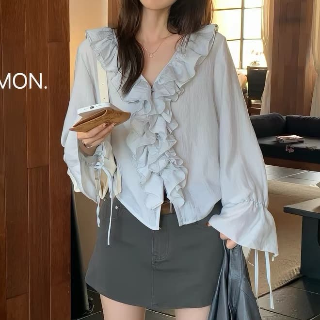 재고 있음 프랑스식 품격 자외선 차단 여성 셔츠 가을 새로운 디자인 센스 작은 대중 프릴 나팔 소매 맨위 쉬폰 블라우스 상세 이미지 10