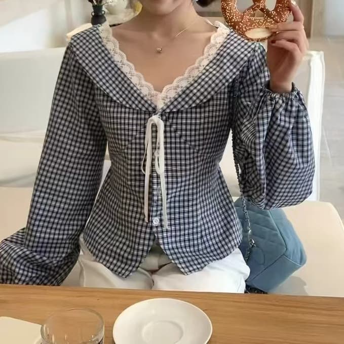 재고 있음 프랑스식 체크무늬 패치워크 레이스 레이스 V넥 여성 셔츠 작은 키 허리 수축 다용도 연령 감소 긴팔 맨위 이미지 2