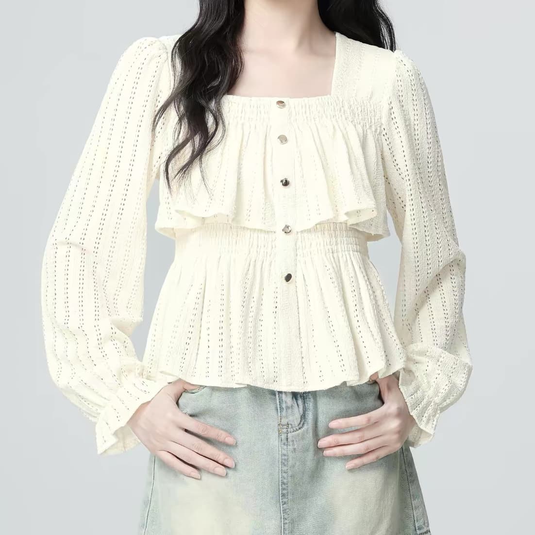 재고 있음 프랑스식 광장 칼라 긴팔 여성 셔츠 봄 가을 새로운 프릴 홀로우 아웃 디자인 센스 셔츠 프릴 맨위