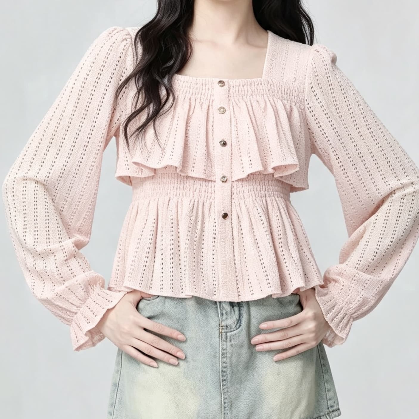 재고 있음 프랑스식 광장 칼라 긴팔 여성 셔츠 봄 가을 새로운 프릴 홀로우 아웃 디자인 센스 셔츠 프릴 맨위 이미지 2