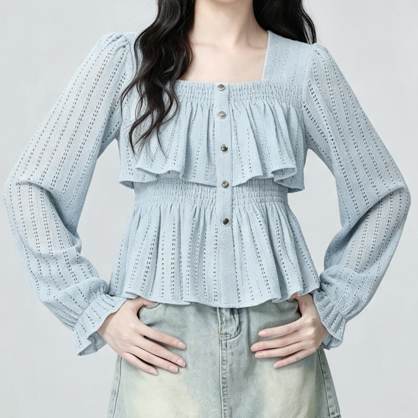 재고 있음 프랑스식 광장 칼라 긴팔 여성 셔츠 봄 가을 새로운 프릴 홀로우 아웃 디자인 센스 셔츠 프릴 맨위 이미지 3
