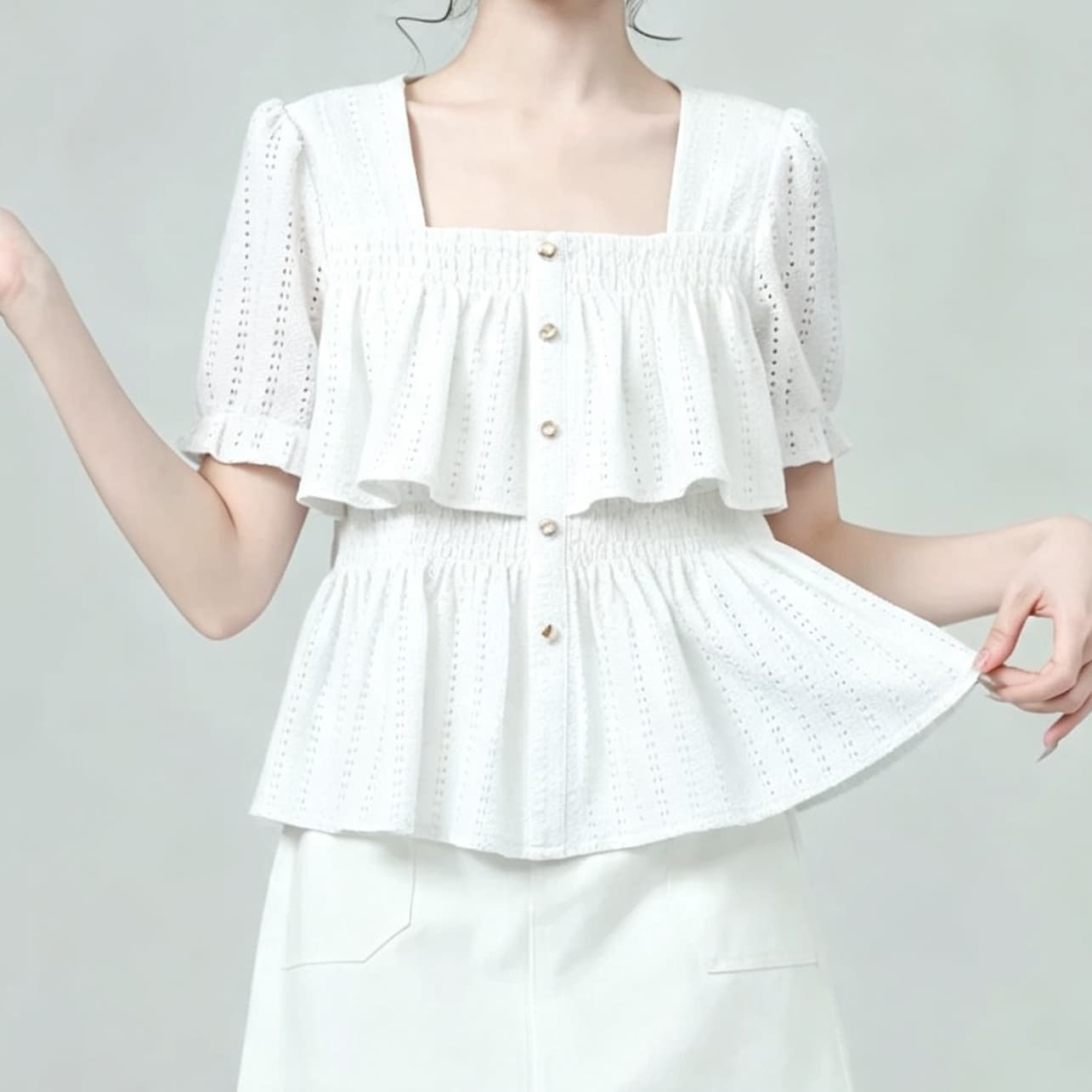 재고 있음 프랑스식 광장 칼라 긴팔 여성 셔츠 봄 가을 새로운 프릴 홀로우 아웃 디자인 센스 셔츠 프릴 맨위 상세 이미지 4