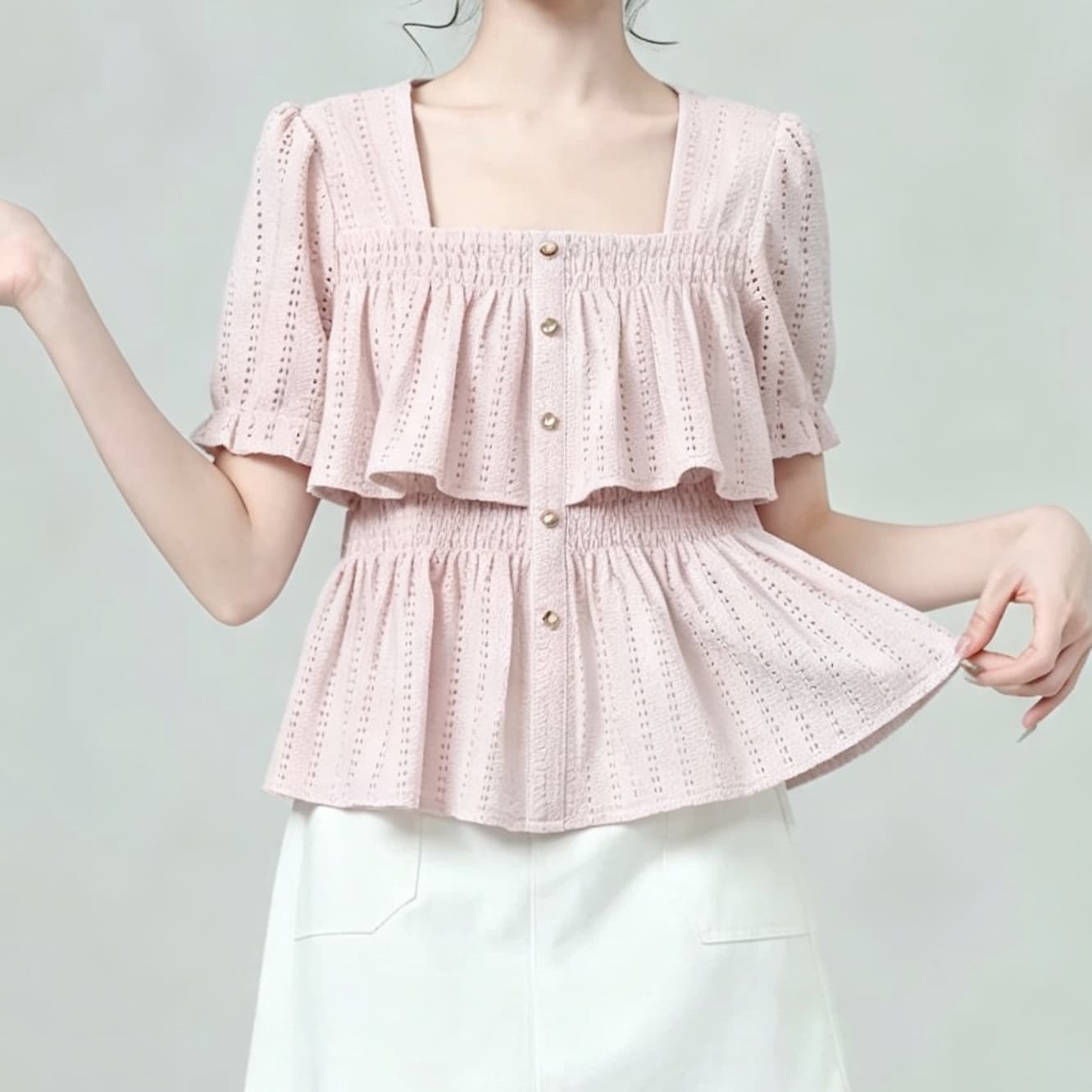 재고 있음 프랑스식 광장 칼라 긴팔 여성 셔츠 봄 가을 새로운 프릴 홀로우 아웃 디자인 센스 셔츠 프릴 맨위 상세 이미지 5