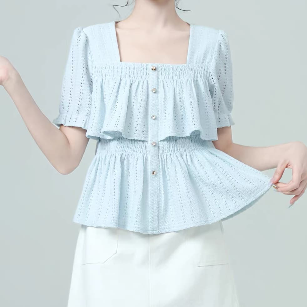 재고 있음 프랑스식 광장 칼라 긴팔 여성 셔츠 봄 가을 새로운 프릴 홀로우 아웃 디자인 센스 셔츠 프릴 맨위 상세 이미지 6
