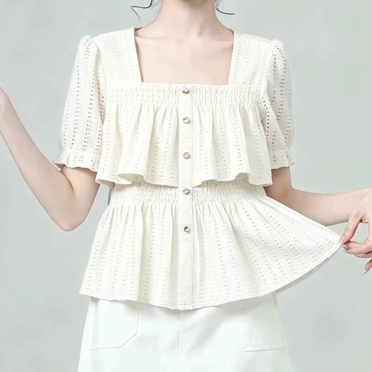 재고 있음 프랑스식 광장 칼라 긴팔 여성 셔츠 봄 가을 새로운 프릴 홀로우 아웃 디자인 센스 셔츠 프릴 맨위 상세 이미지 7