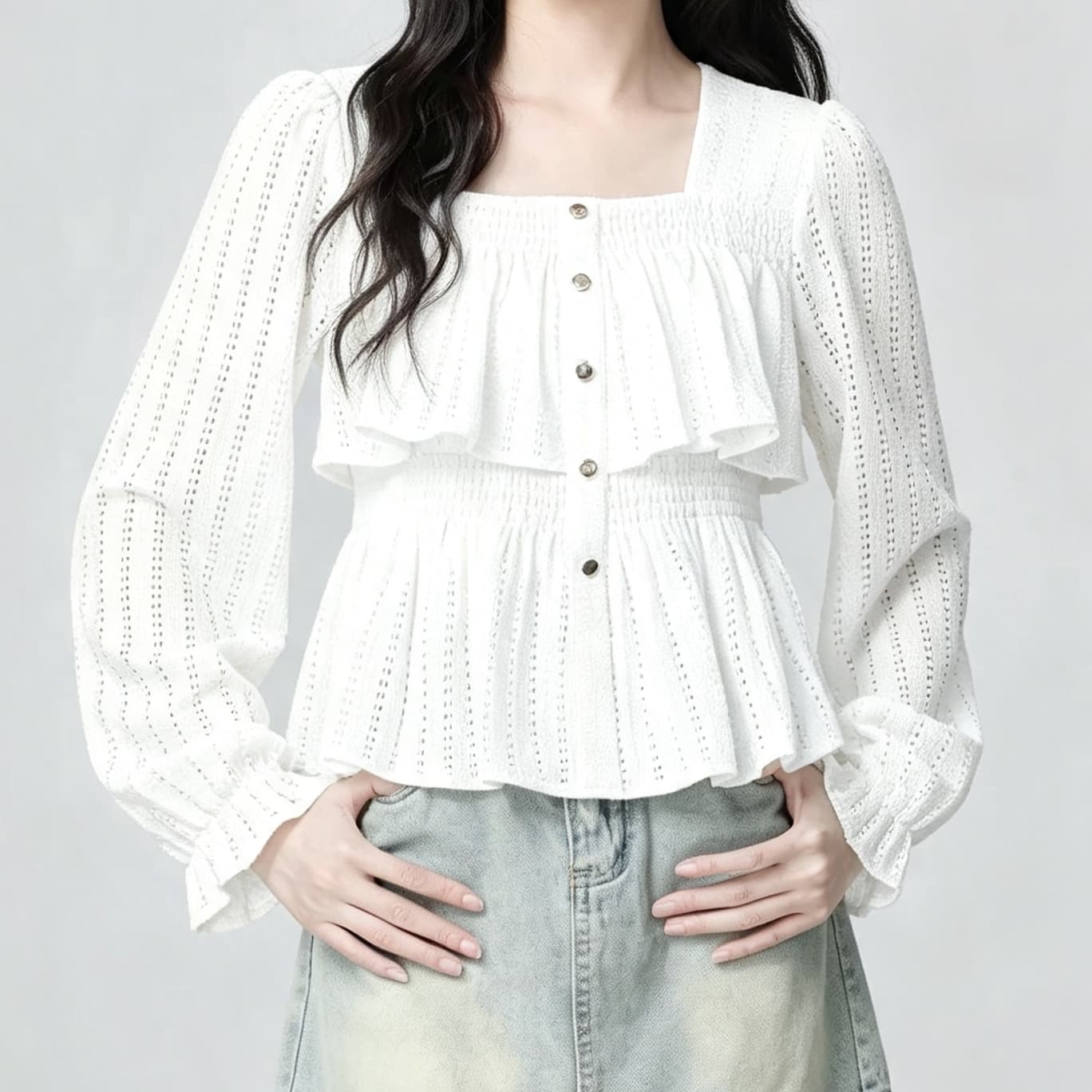 재고 있음 프랑스식 광장 칼라 긴팔 여성 셔츠 봄 가을 새로운 프릴 홀로우 아웃 디자인 센스 셔츠 프릴 맨위 상세 이미지 8