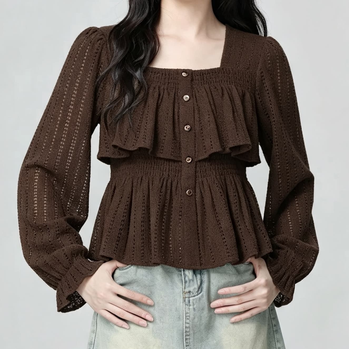 재고 있음 프랑스식 광장 칼라 긴팔 여성 셔츠 봄 가을 새로운 프릴 홀로우 아웃 디자인 센스 셔츠 프릴 맨위 상세 이미지 14