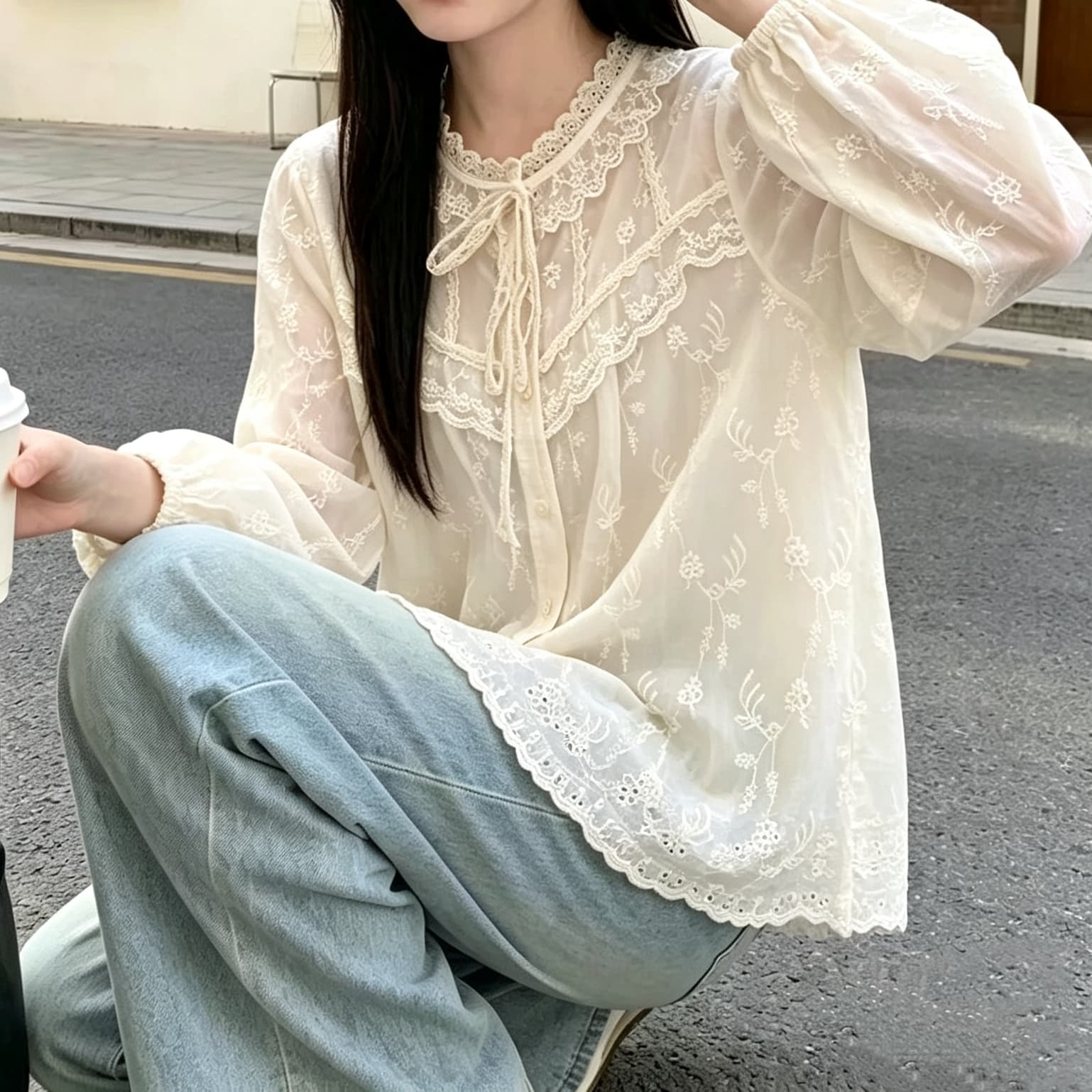 재고 있음 가을 새로운 여성 폴로 칼라 일본식 면 린넨 셔츠 루즈핏 셔츠 센 부서 여성 의류 고급 센스 작은 대중 오픈 가디건