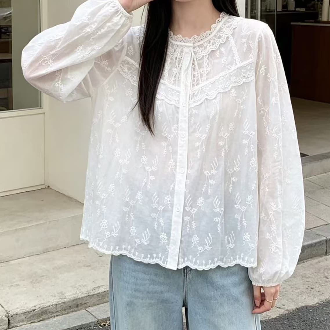 재고 있음 가을 새로운 여성 폴로 칼라 일본식 면 린넨 셔츠 루즈핏 셔츠 센 부서 여성 의류 고급 센스 작은 대중 오픈 가디건 이미지 4