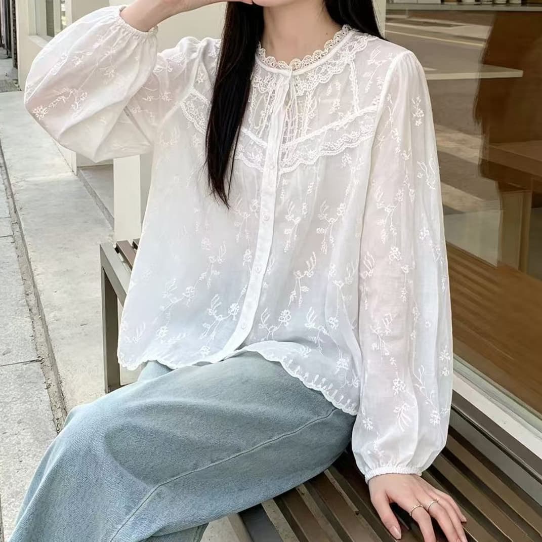 재고 있음 가을 새로운 여성 폴로 칼라 일본식 면 린넨 셔츠 루즈핏 셔츠 센 부서 여성 의류 고급 센스 작은 대중 오픈 가디건 이미지 3