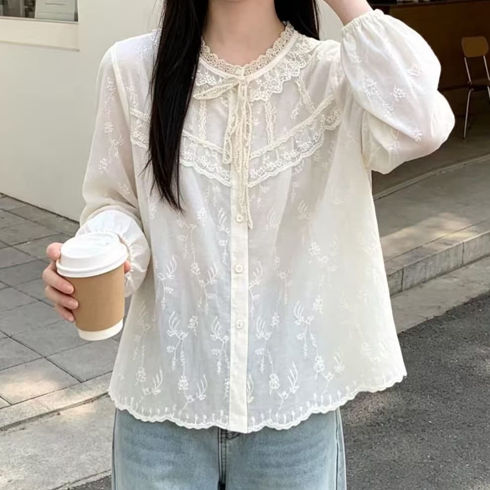 재고 있음 가을 새로운 여성 폴로 칼라 일본식 면 린넨 셔츠 루즈핏 셔츠 센 부서 여성 의류 고급 센스 작은 대중 오픈 가디건 상세 이미지 5