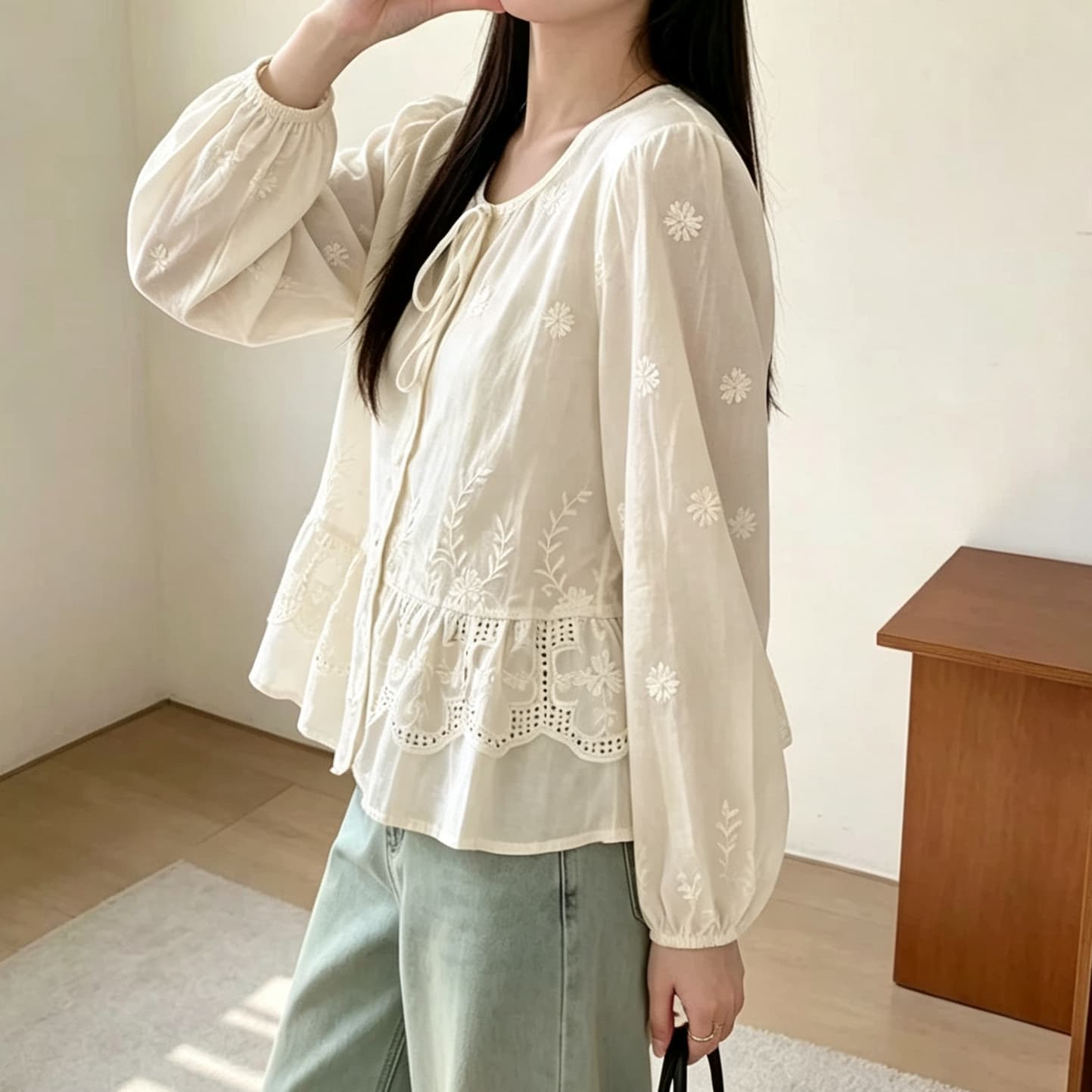 재고 있음 달콤함 학원 스타일 자수 꽃 홀로우 아웃 거품 소매 여성 셔츠 봄 가을 루즈핏 연령 감소 싱글 줄 버튼 맨위 상세 이미지 3
