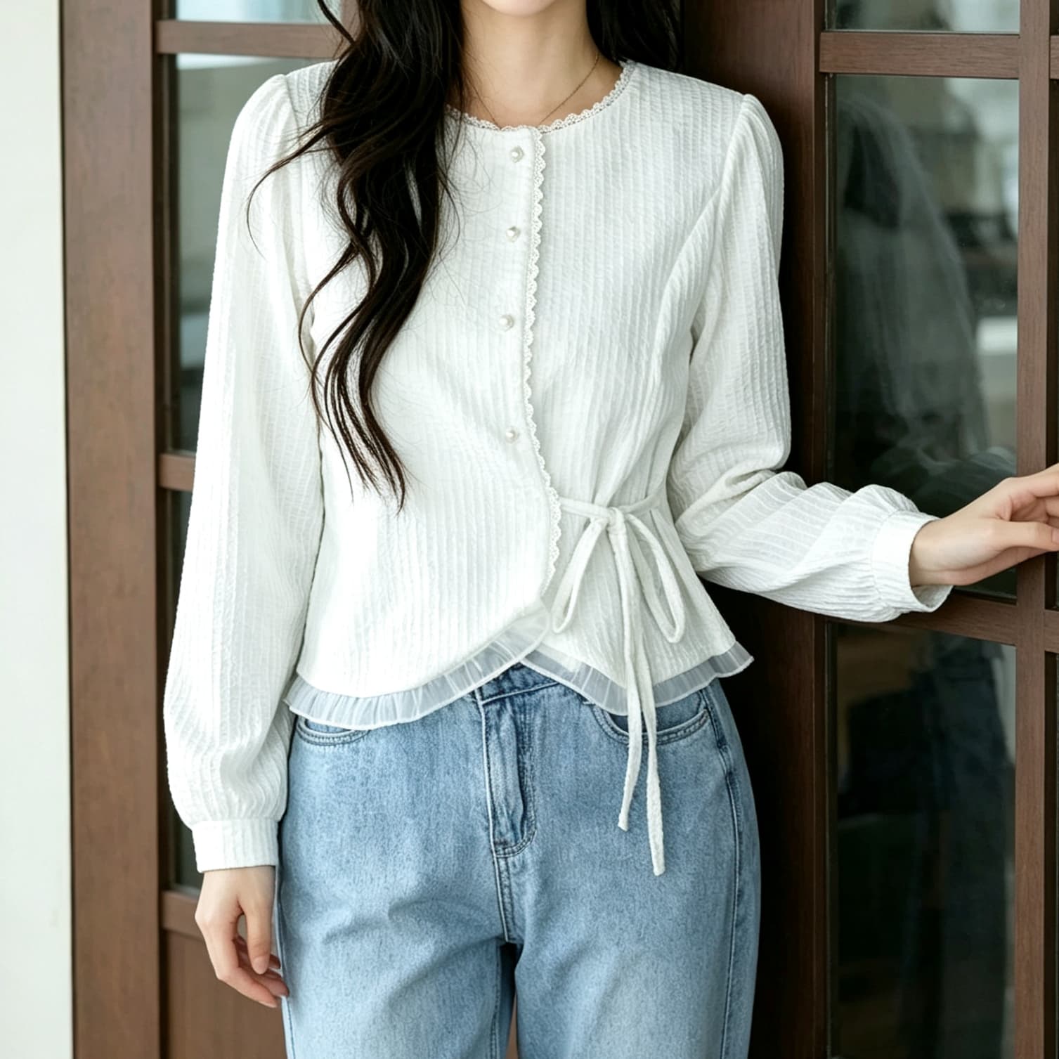 재고 있음 한국 구매 여성 의류 달콤함 숙녀 레이스 레이스 패치워크 허리 수축 측면 레이스업 긴팔 맨위 셔츠 상세 이미지 3
