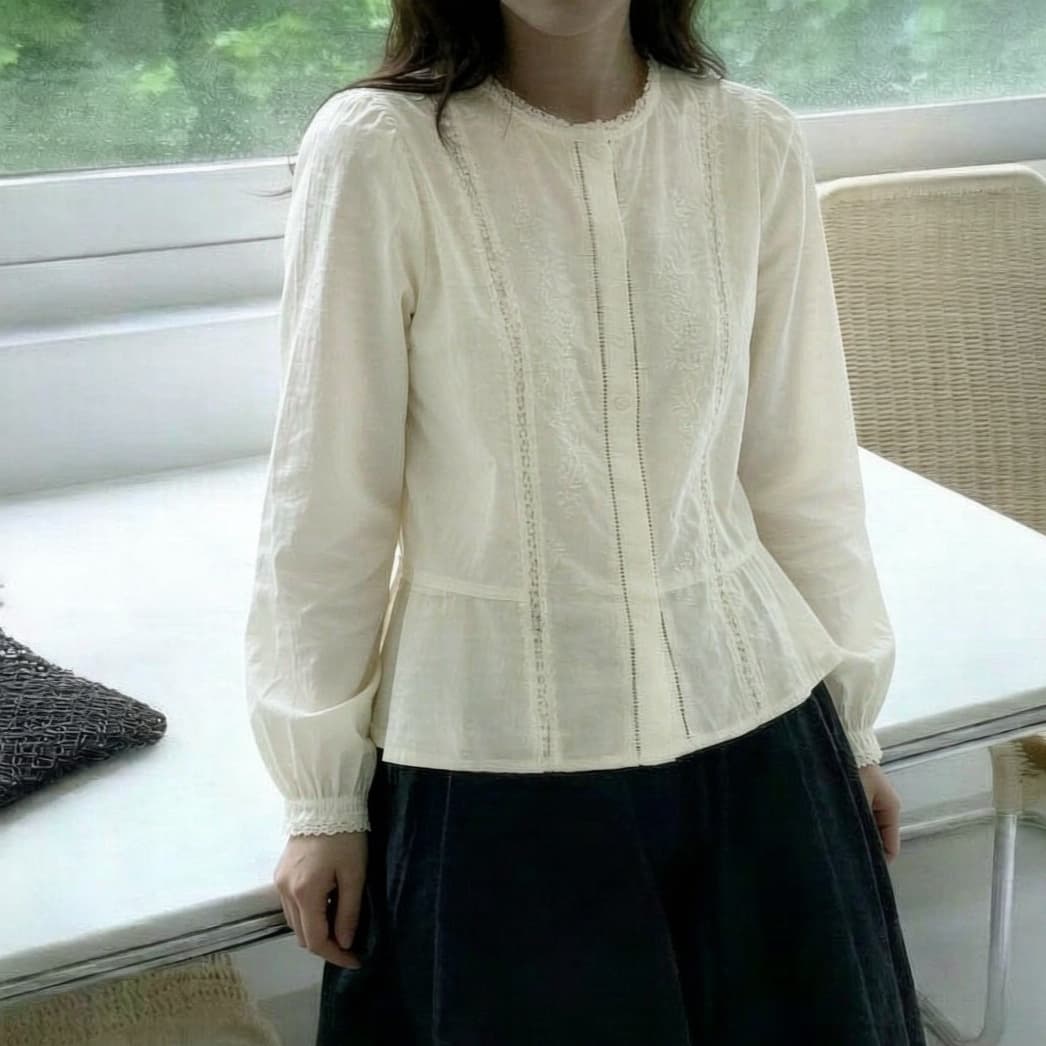 재고 있음 디자인 센스 자수 자카드 플리츠 라운드 넥 거품 소매 여성 셔츠 이른 가을 품격 다용도 셔츠 맨위 상세 이미지 7