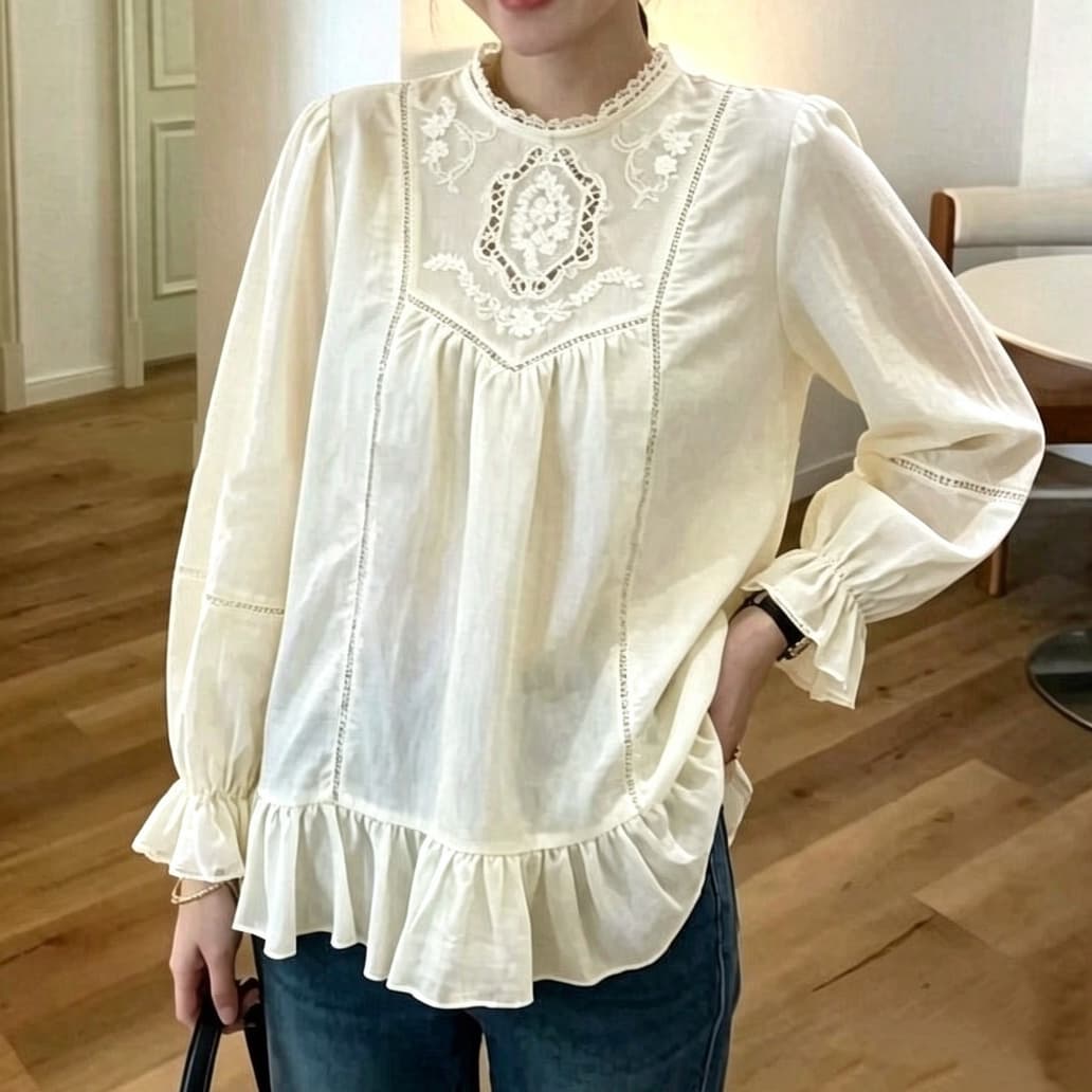 재고 있음 가을 한 첨부 된 의류 작은 대중 디자인 센스 살구 색상 무거운 작업 자수 자수 부드러운 프랑스식 긴팔 셔츠 상세 이미지 7
