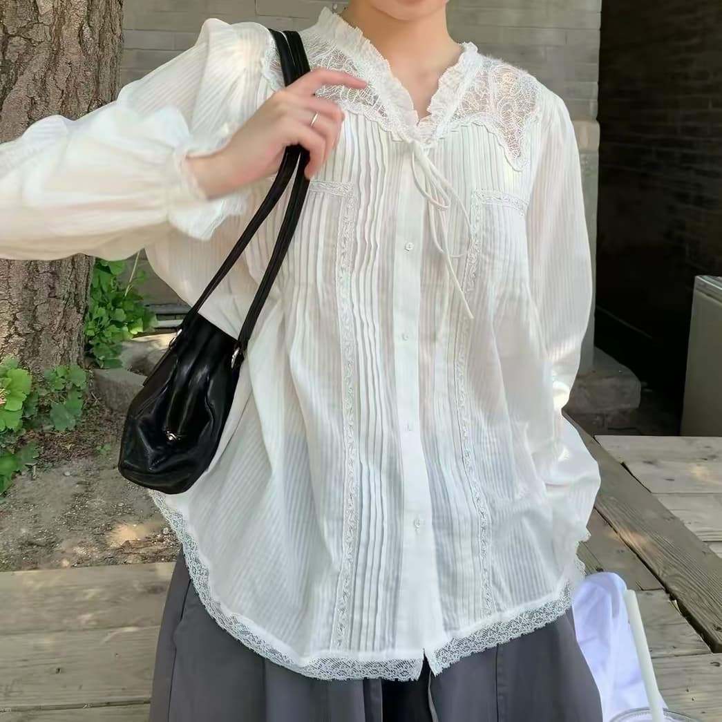 재고 있음 가을 새로운 달콤함 V넥 레이스 장기 주름 레이스 긴팔 여성 셔츠 상세 이미지 3