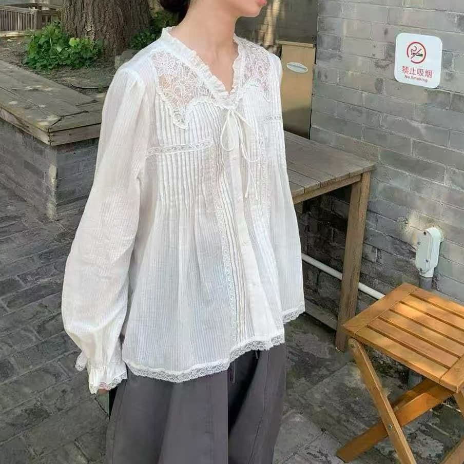 재고 있음 가을 새로운 달콤함 V넥 레이스 장기 주름 레이스 긴팔 여성 셔츠 상세 이미지 6