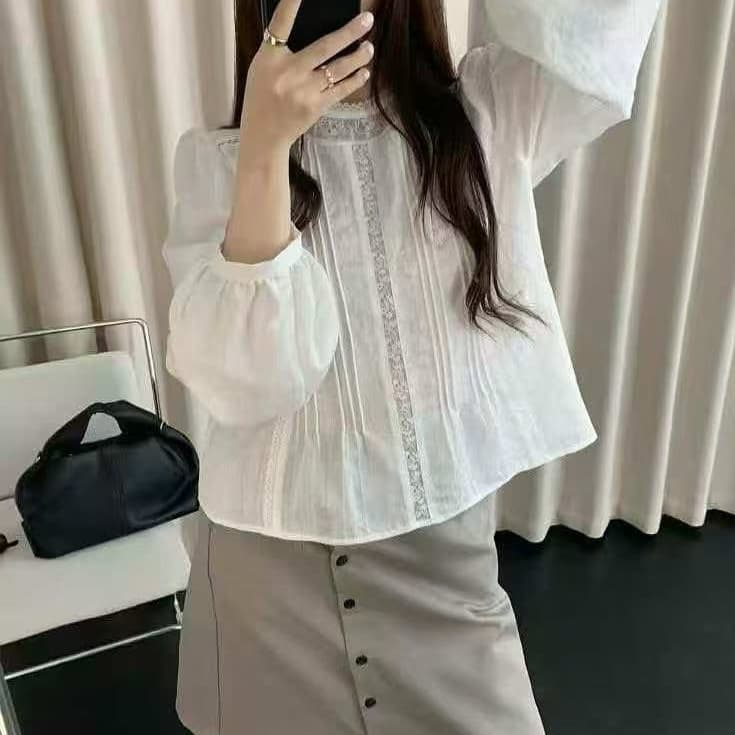 재고 있음 한국 단색 레이스 셔츠 장기 주름 품격 부드러운 패치워크 라운드 넥 긴팔 셔츠 봄 가을 새로운 상세 이미지 5