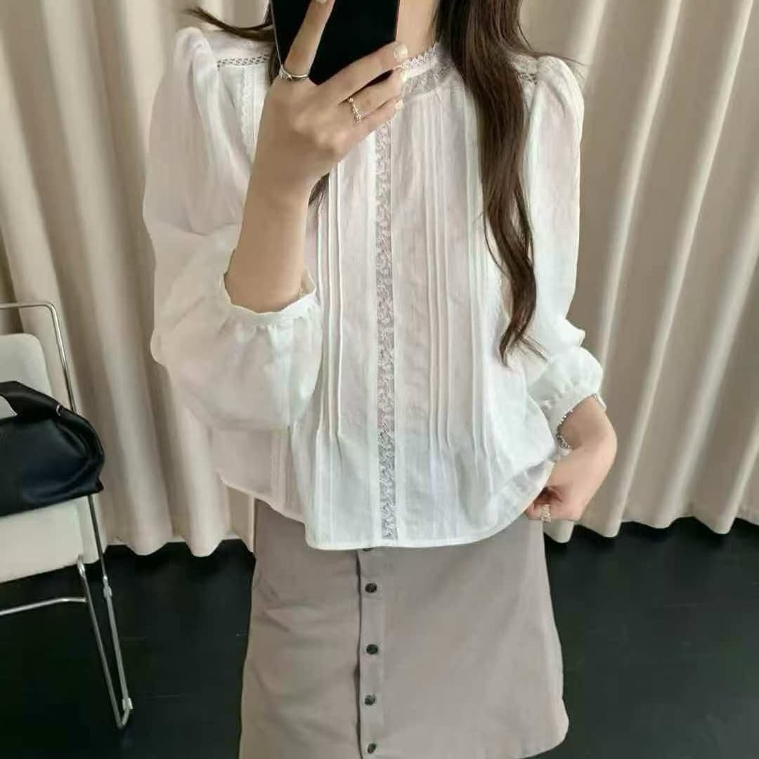 재고 있음 한국 단색 레이스 셔츠 장기 주름 품격 부드러운 패치워크 라운드 넥 긴팔 셔츠 봄 가을 새로운 상세 이미지 6