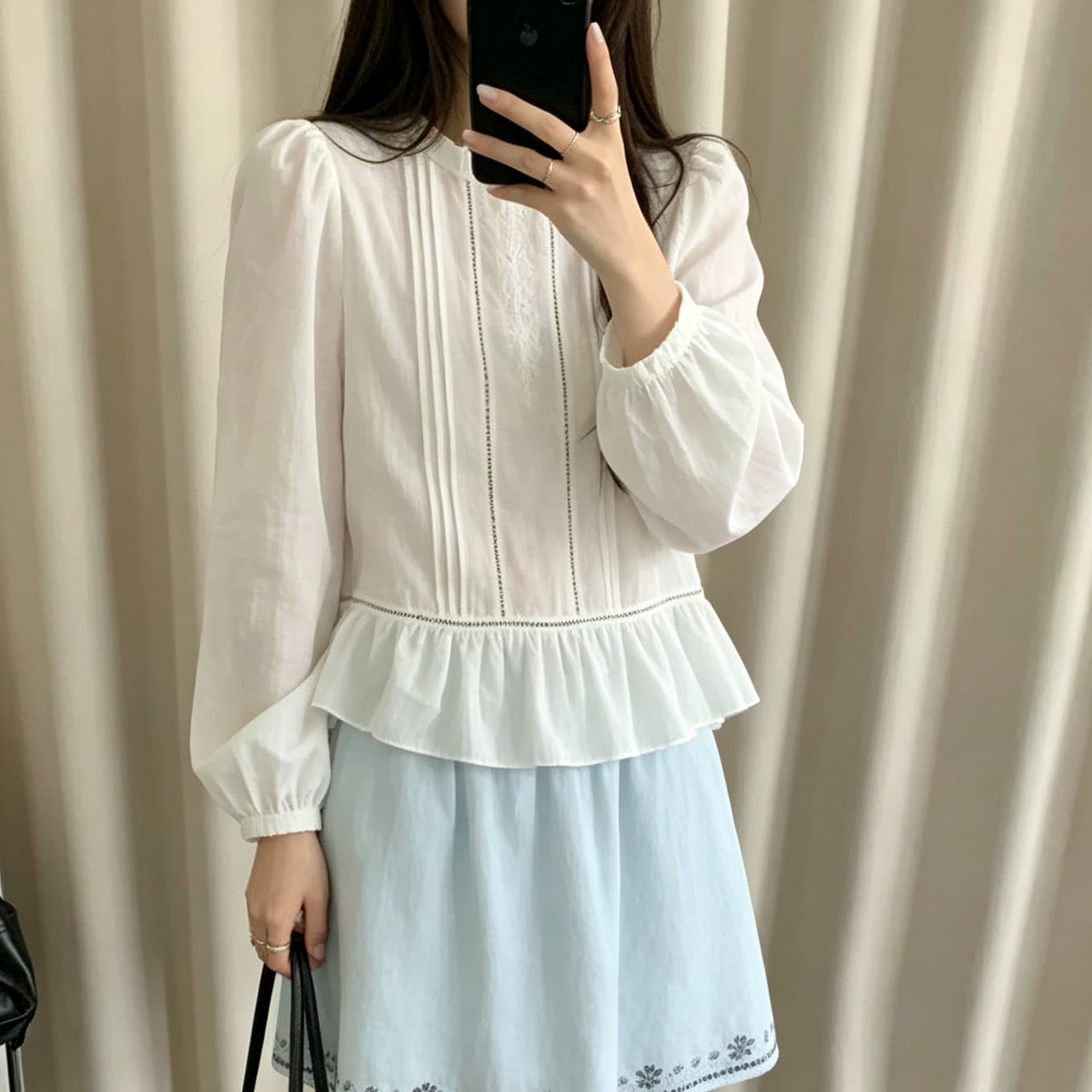 재고 있음 장기 주름 프릴 칼라 긴팔 프랑스식 프릴 여성 셔츠 봄 가을 새로운 허리 수축 쇼트 스타일 맨위 이미지 2