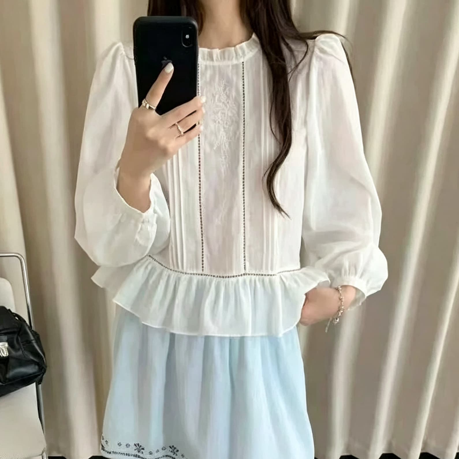 재고 있음 장기 주름 프릴 칼라 긴팔 프랑스식 프릴 여성 셔츠 봄 가을 새로운 허리 수축 쇼트 스타일 맨위 상세 이미지 3