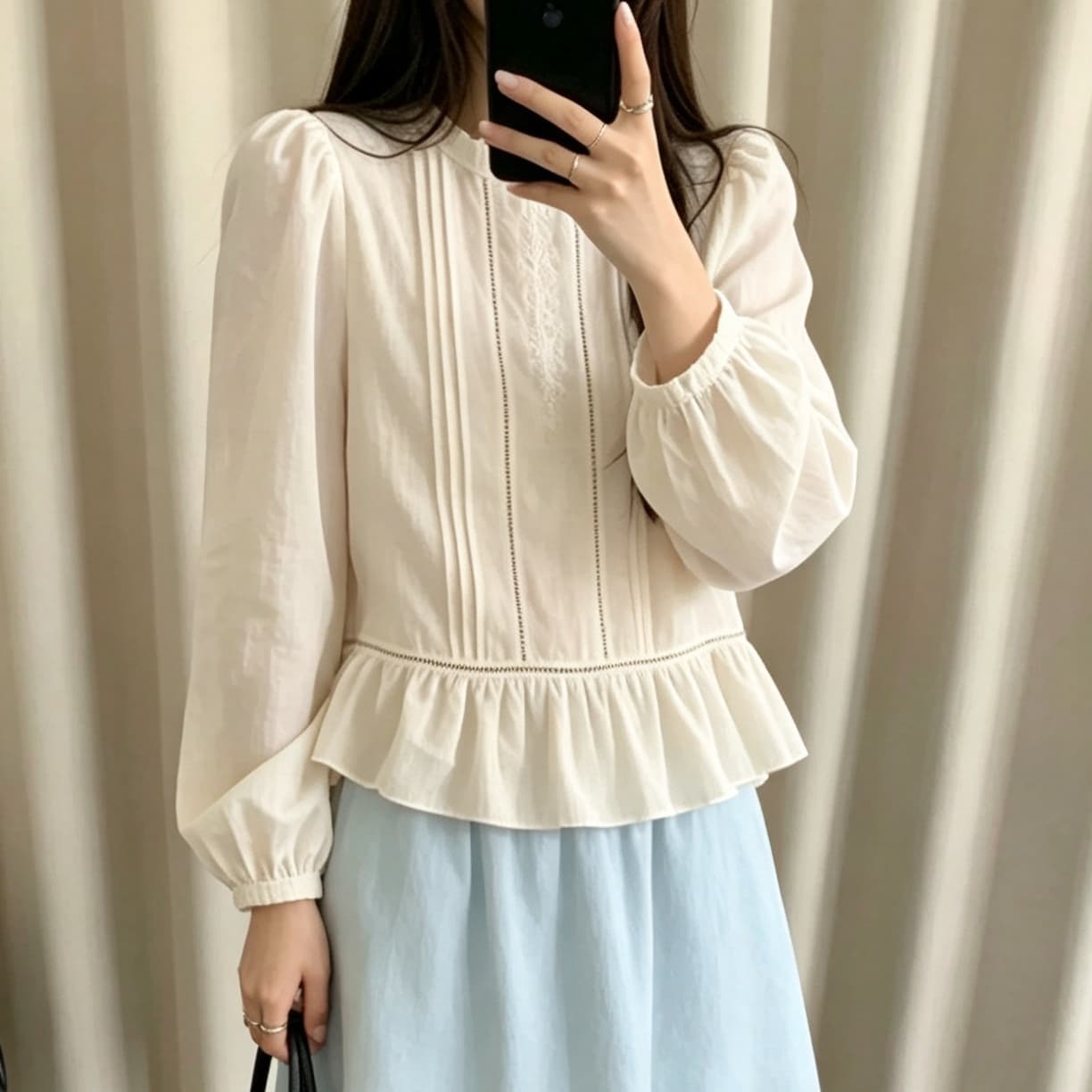 재고 있음 장기 주름 프릴 칼라 긴팔 프랑스식 프릴 여성 셔츠 봄 가을 새로운 허리 수축 쇼트 스타일 맨위 상세 이미지 6