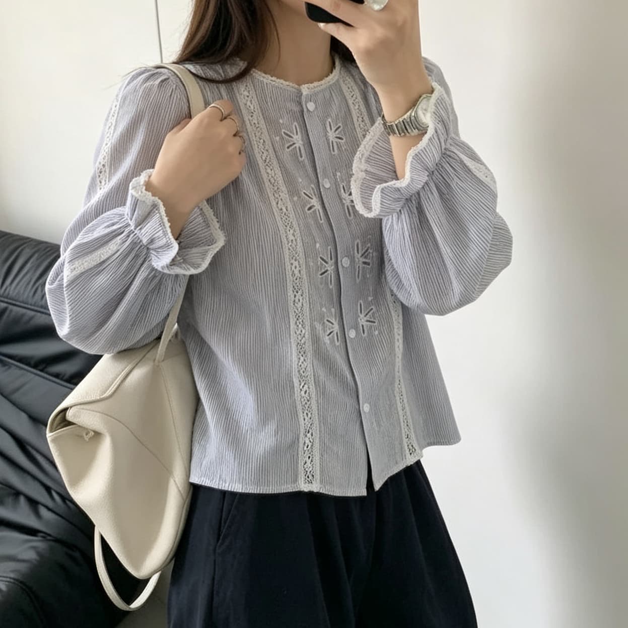 재고 있음 일본식 숲속 소녀 레트로 세로 줄무늬 레이스 조각 루즈핏 쇼트 스타일 자수 맨위 레이스 칼라 셔츠 긴팔 이미지 5