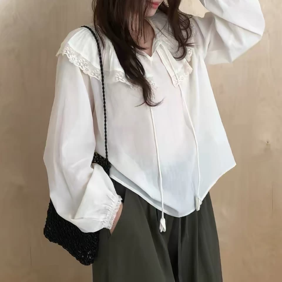 재고 있음 느긋한 바람 레이스 레이스 폴로 칼라 연꽃 잎 루즈핏 레이스업 긴팔 한국 스타일 맨위 가을 새로운 무거운 작업 작은 셔츠 이미지 2