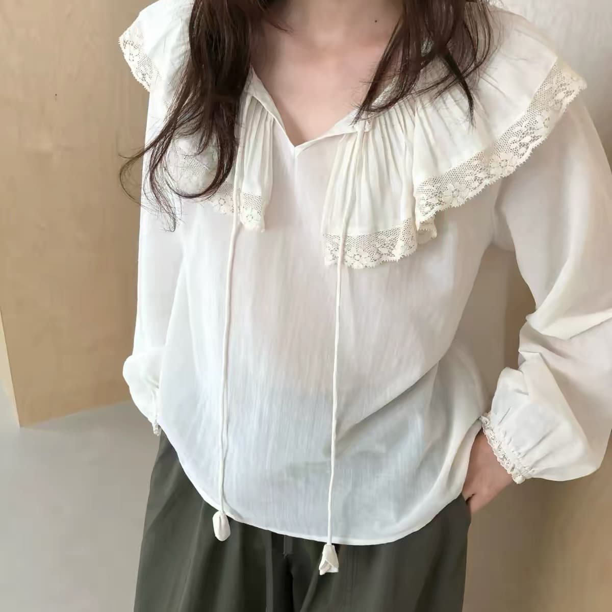 재고 있음 느긋한 바람 레이스 레이스 폴로 칼라 연꽃 잎 루즈핏 레이스업 긴팔 한국 스타일 맨위 가을 새로운 무거운 작업 작은 셔츠