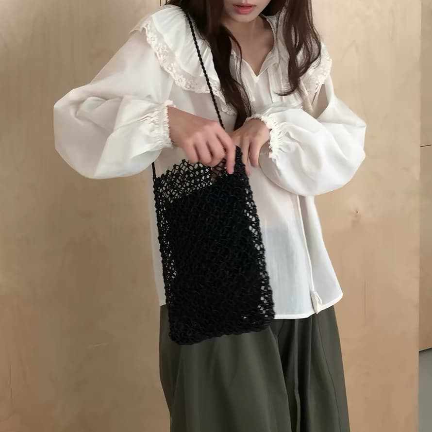 재고 있음 느긋한 바람 레이스 레이스 폴로 칼라 연꽃 잎 루즈핏 레이스업 긴팔 한국 스타일 맨위 가을 새로운 무거운 작업 작은 셔츠 상세 이미지 3